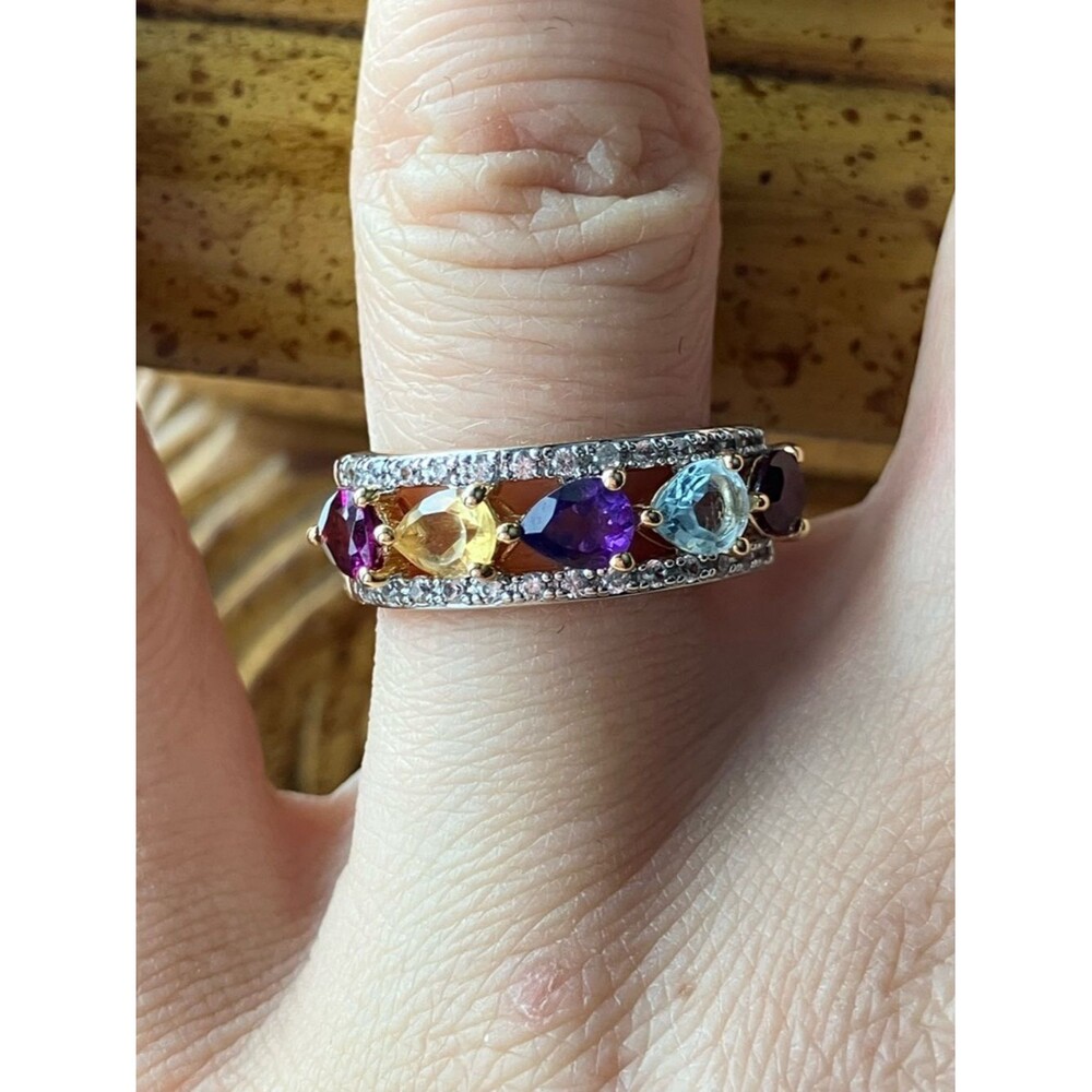 Natural Multi Gemstone Sterling Silver Ring Size 8